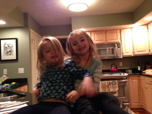 Here are her girls being squirrely on the kitchen counter.
